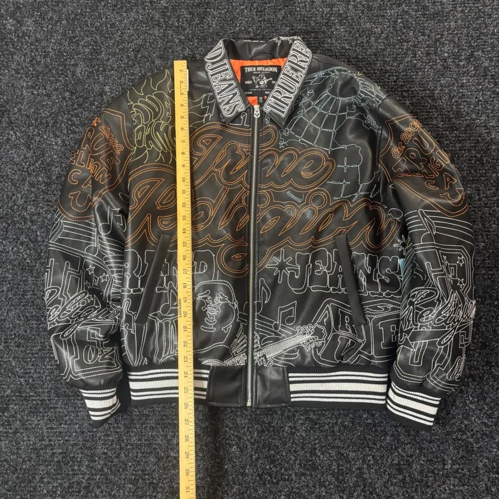 True Religion Trophy Retro Bomber Jacket Black Faux Leather SMS Sample 110342 M